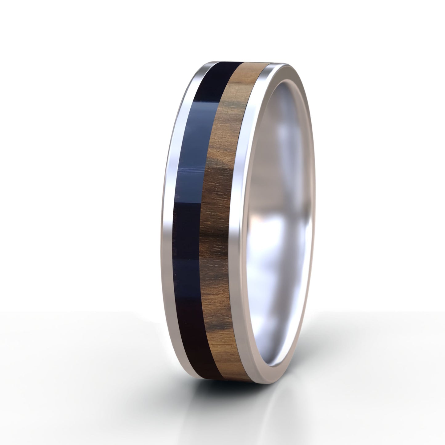 Stainless Steel Ring with Buffalo Horn and Wood Inlay