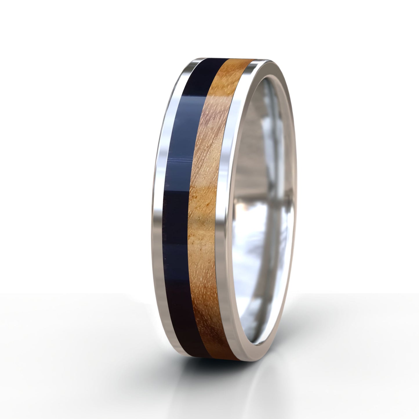 Sterling Silver Ring with Buffalo Horn and Wood Inlay