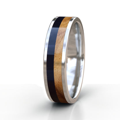 Sterling Silver Ring with Buffalo Horn and Wood Inlay