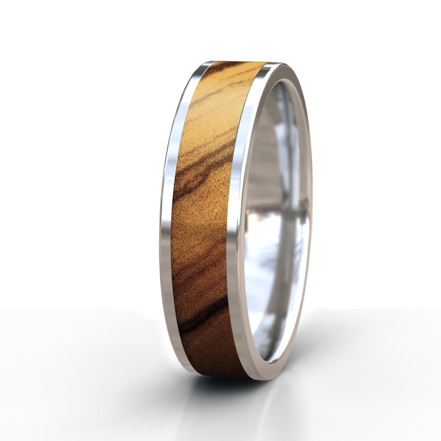 Silver ring with wooden inlay on a white background