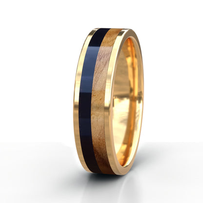 Gold Ring with Buffalo Horn and Wood Inlay