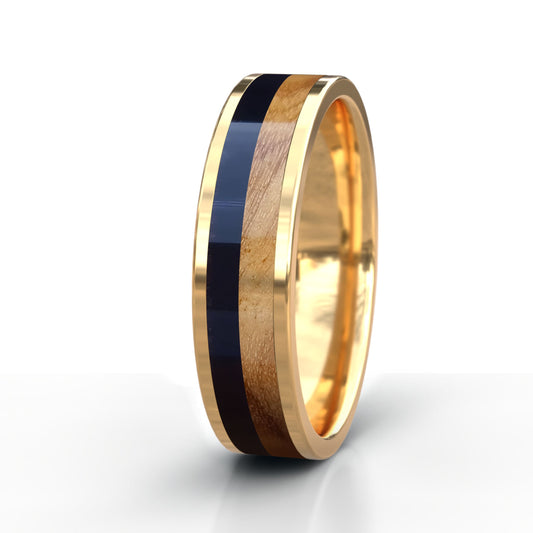 Gold Ring with Buffalo Horn and Wood Inlay