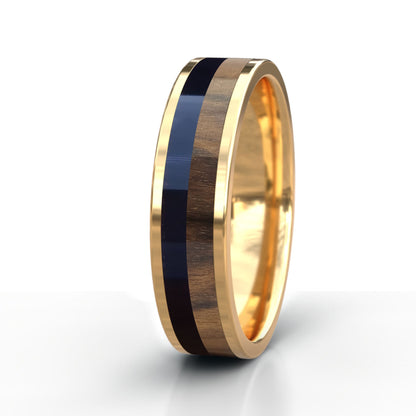 Gold Ring with Buffalo Horn and Wood Inlay