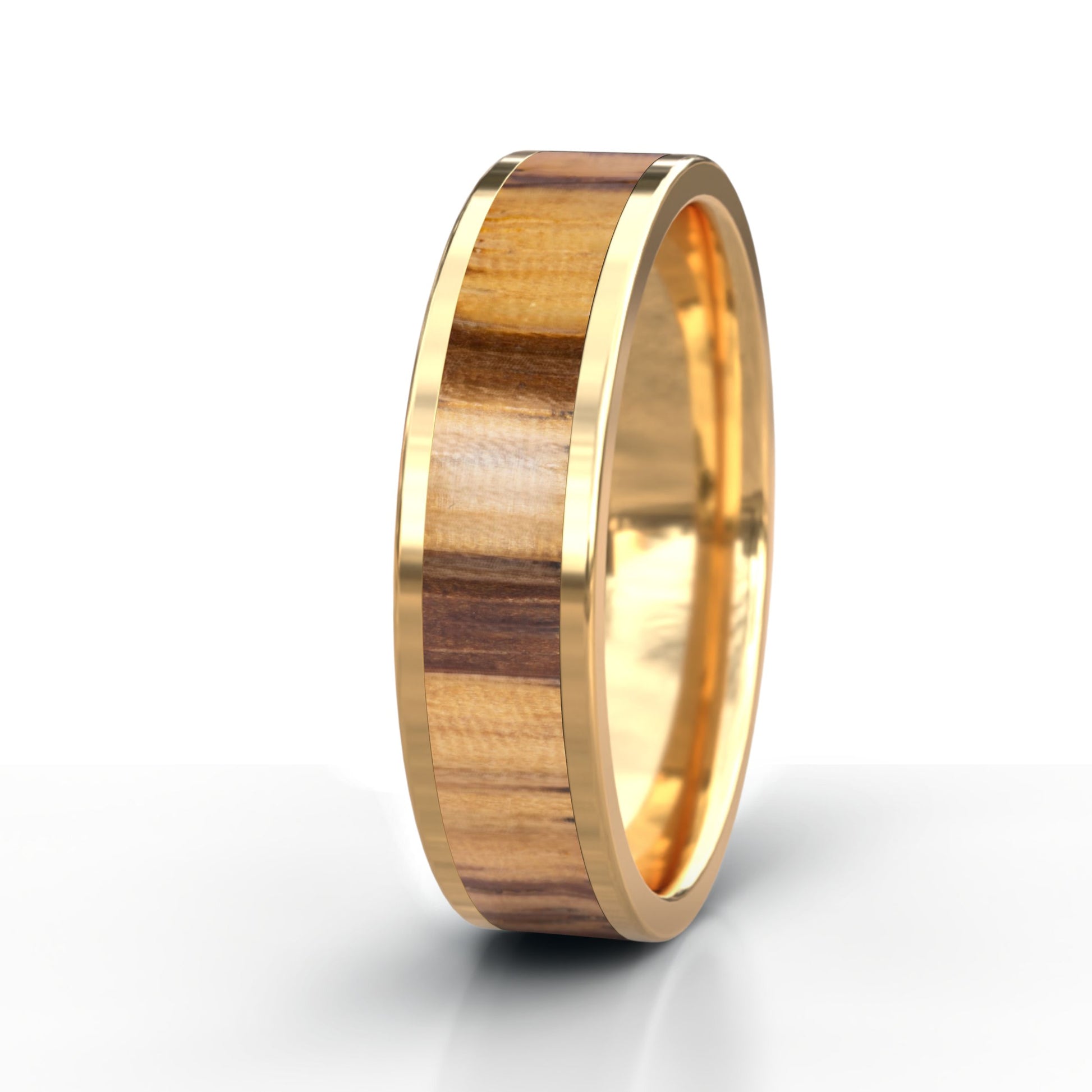 Gold ring with wooden inlay on a white background
