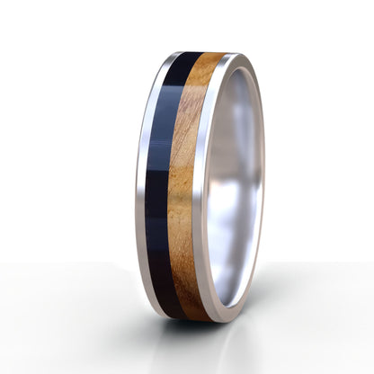 Stainless Steel Ring with Buffalo Horn and Wood Inlay