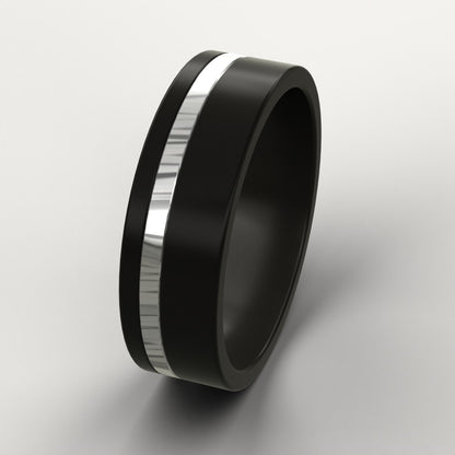 Black Zirconium Men's Ring with a Damascus line inlay on a light grey background