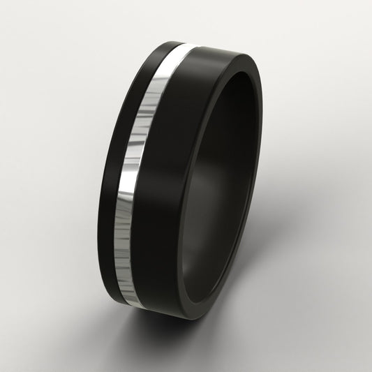 Black Zirconium Men's Ring with a Damascus line inlay on a light grey background