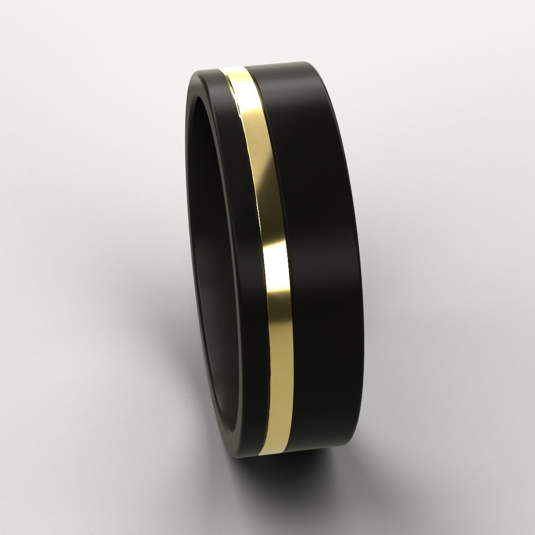 Black ring with a gold stripe on a light gray background