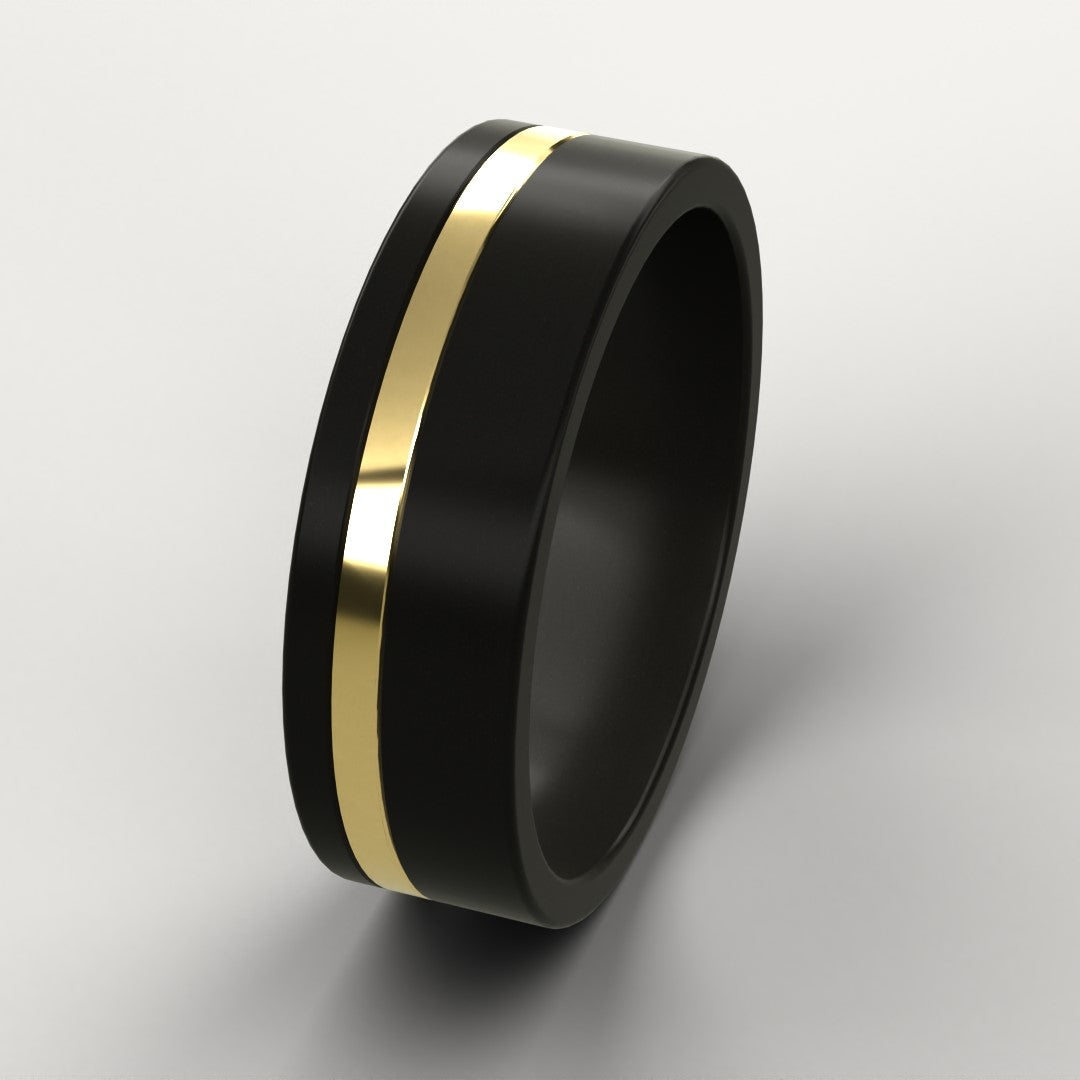 Black ring with a gold stripe on a gray background