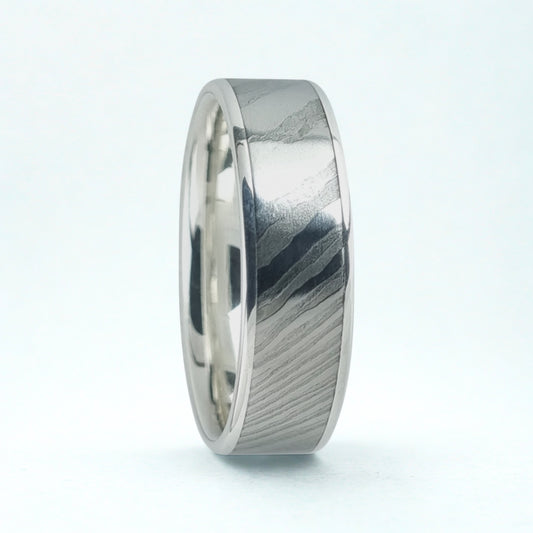 Men’s Sterling Silver Ring with Titanium Damascus Sleeve – Textured, Refined & Rare