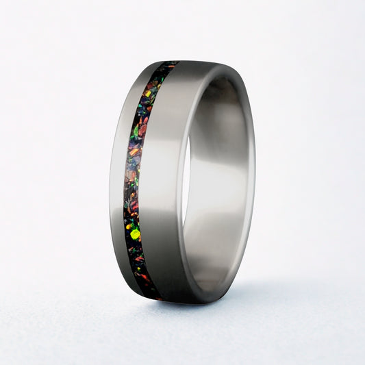 Men’s Titanium Ring with Crushed Opal Inlay – Matte Finish, Light-Reactive, Striking