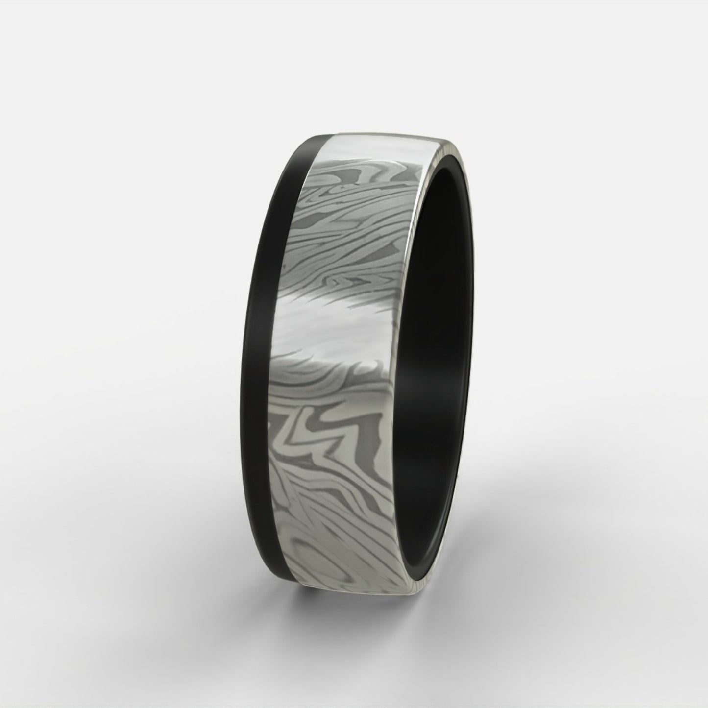 Black Zirconium Ring with Damascus steel sleeve
