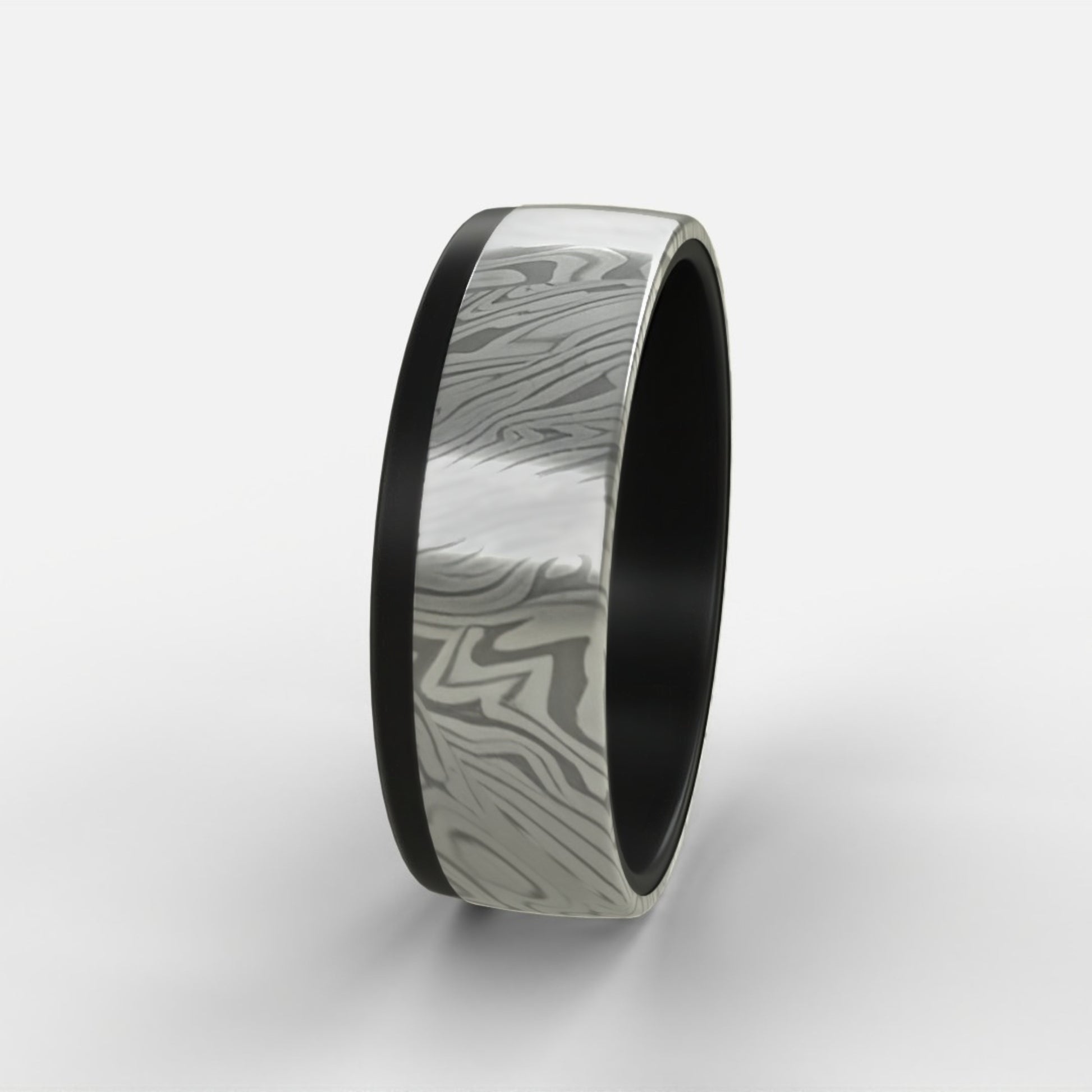 Black Zirconium Ring with Damascus steel sleeve