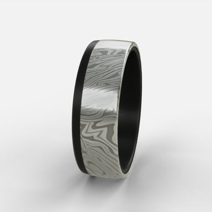 Black Zirconium Ring with Damascus steel sleeve