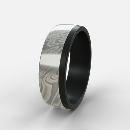 Black Zirconium Ring with Damascus steel sleeve